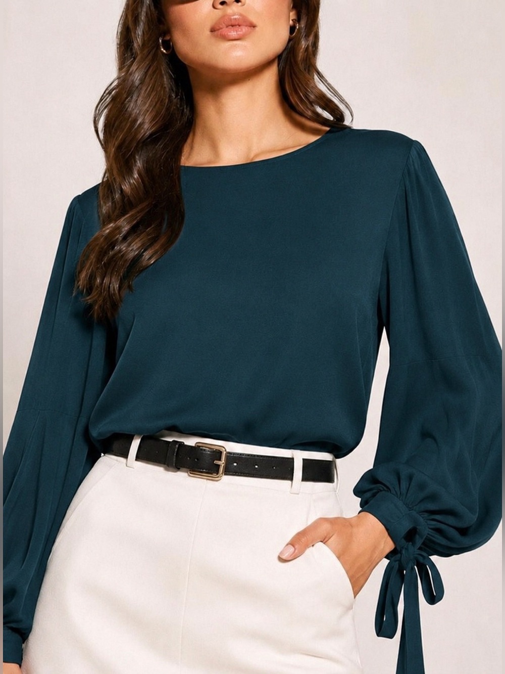Milly Juliette Dramatic Bishop Tie Sleeve Stretch Silk Top in Dark Teal
